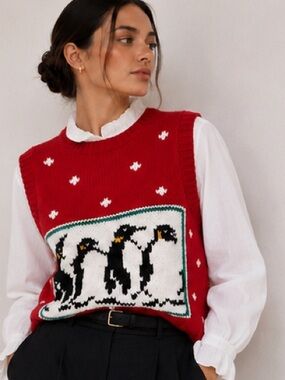 Vintage Objectives Penguin Knit Sweater Vest Red Preppy Retro Aesthetic Size M